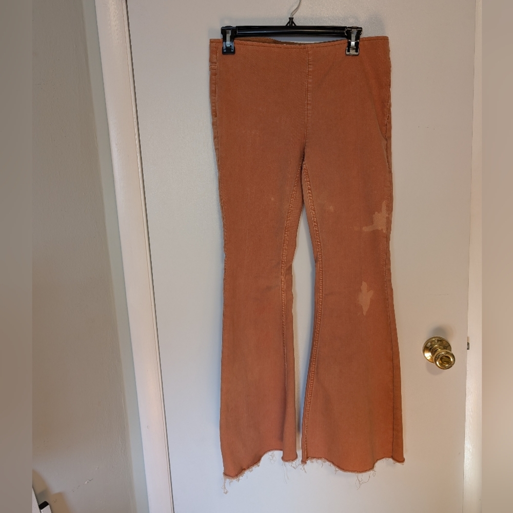 Free People Pull-On Flare Pants Rust Orange Boho Festival Size 29 Raw Hem